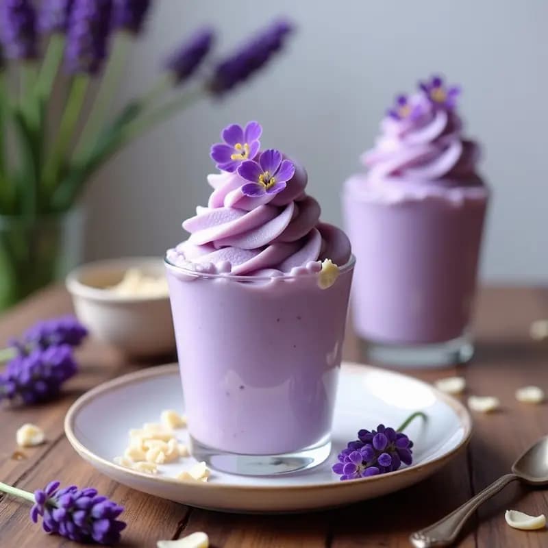 Copa de helado vegano de flores de lavanda y leche de avena con color lila pastel, decorado con pétalos de lavanda fresca y virutas de chocolate blanco. Postre floral y cremoso en fondo blanco con luz natural.