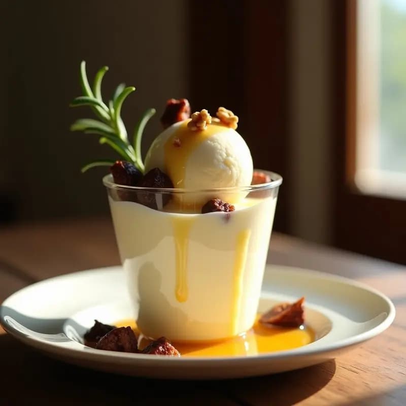 Copa de cristal transparente con helado cremoso de leche de cabra y miel, trozos de higos secos y nueces picadas en la superficie, decorado con un hilo de miel dorada y una ramita de romero sobre fondo rústico de madera.