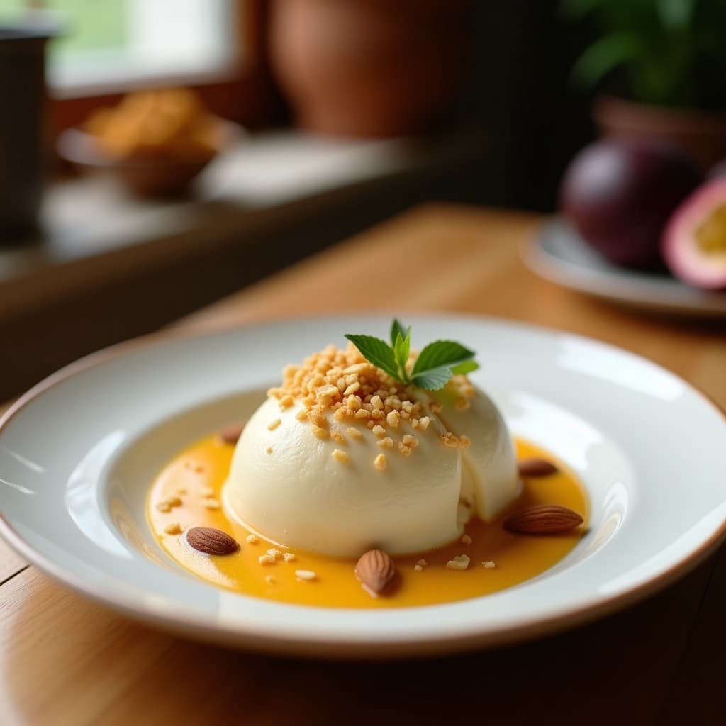 Helado cremoso de maracuyá y coco servido en un cuenco blanco, coronado con trozos de almendra tostada y coco rallado. Postre brasileño keto sin azúcar, con textura sedosa y colores vibrantes amarillos y blancos.