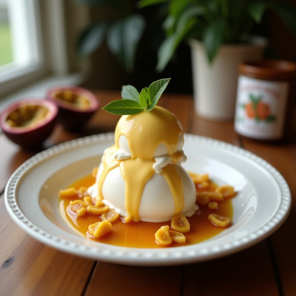Helado de maracuyá y coco con swirl de miel de agave servido en un cuenco de barro, decorado con coco rallado tostado y un hilo dorado de miel. Postre brasileño sin lácteos con textura cremosa y colores vibrantes.