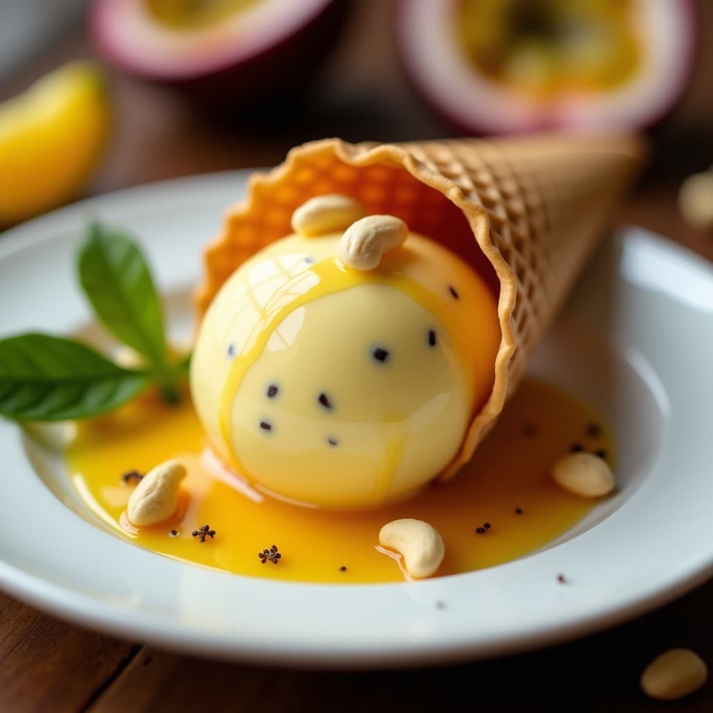 Helado cremoso de color amarillo dorado servido en un cucurucho de barquillo, con semillas de maracuyá visibles y un hilo de miel derramado encima. Fondo con hojas de maracuyá y un trozo de cajuela.