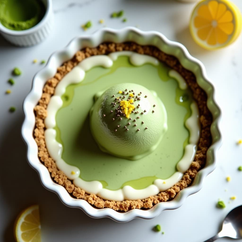 Copa de vidrio transparente con capas de helado de matcha verde vibrante y cheesecake vegano cremoso sobre una base crujiente de anacardos, decorado con semillas de chía y virutas de coco. Postre sin azúcar y vegano.