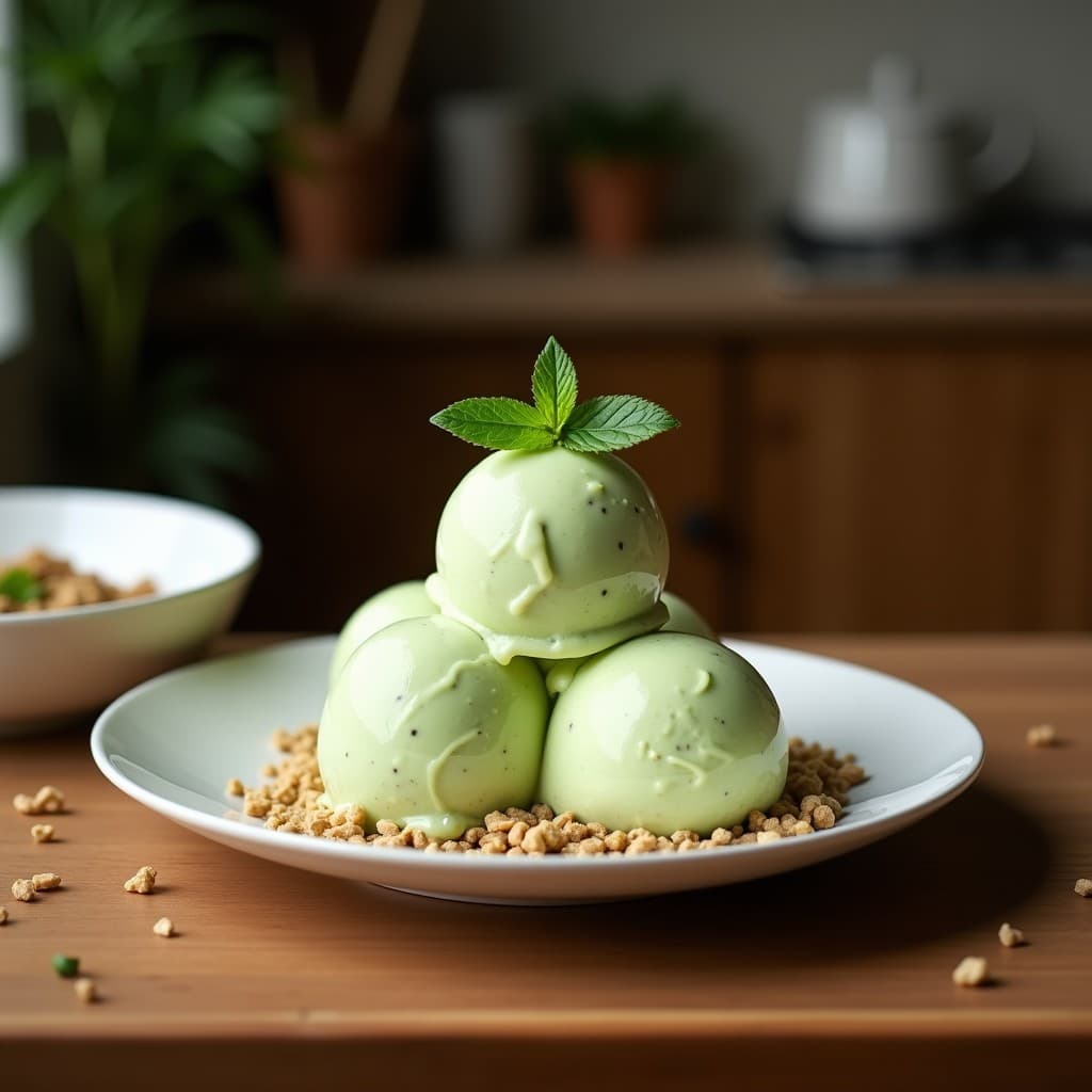Helado de matcha y coco keto en moldes de silicona blancos, con textura cremosa y color verde pálido, decorado con coco rallado sobre fondo de madera clara.