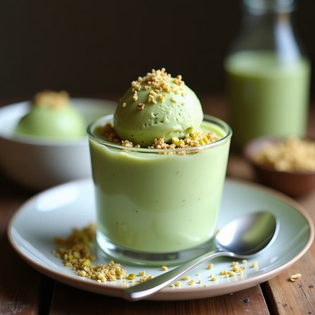 Copa de helado cremoso de color verde pálido con vetas de matcha, decorado con pistachos picados y virutas de coco, servido sobre una mesa de madera con una cuchara de metal.