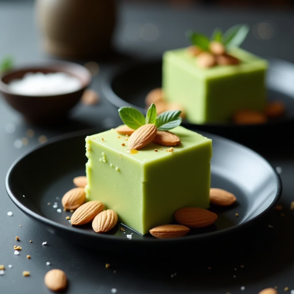 Helado de matcha y queso de cabra en cuenco de cerámica blanca, con textura cremosa y color verde pálido. Decorado con almendras fileteadas y un hilo de miel de romero, sobre fondo de madera rústica.