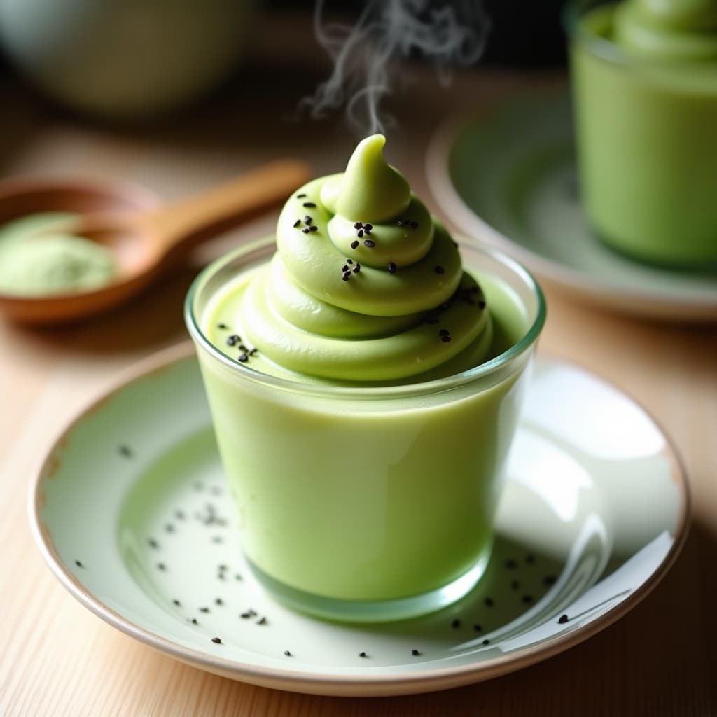 Helado de matcha y wasabi servido en copa de cristal transparente, con vetas verdes intensas y un toque de semillas de chía en la superficie. Fondo minimalista con hoja de bambú y cucharita de madera.