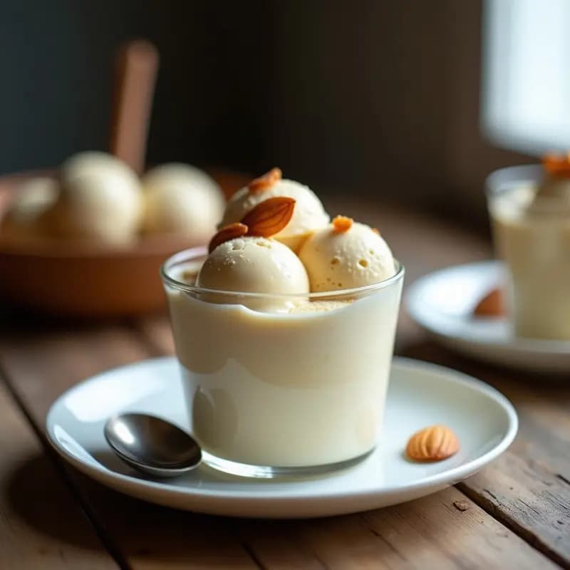 Copa de helado cremoso color beige con vetas doradas, coronado con almendras fileteadas tostadas. Postre japonés keto de miso blanco y miel, servido sobre fondo rústico de madera con cuchara de metal.