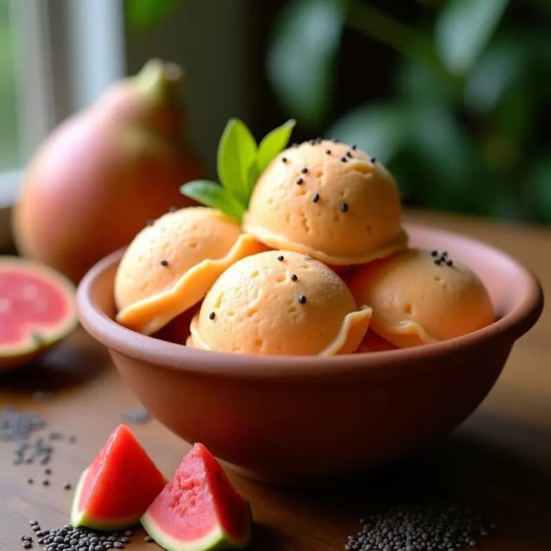 Helado de panela y guayaba con semillas de chía servido en un cuenco de barro, con textura cremosa y vetas doradas de puré de guayaba, decorado con semillas de chía negras y trocitos de fruta fresca. Postre colombiano sin lácteos.