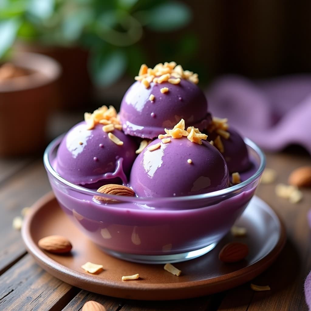 Copa de helado cremoso de color morado intenso con vetas claras de vainilla, coronado con almendras fileteadas doradas y coco rallado. Postre peruano vegano sin azúcar sobre fondo rústico de madera.