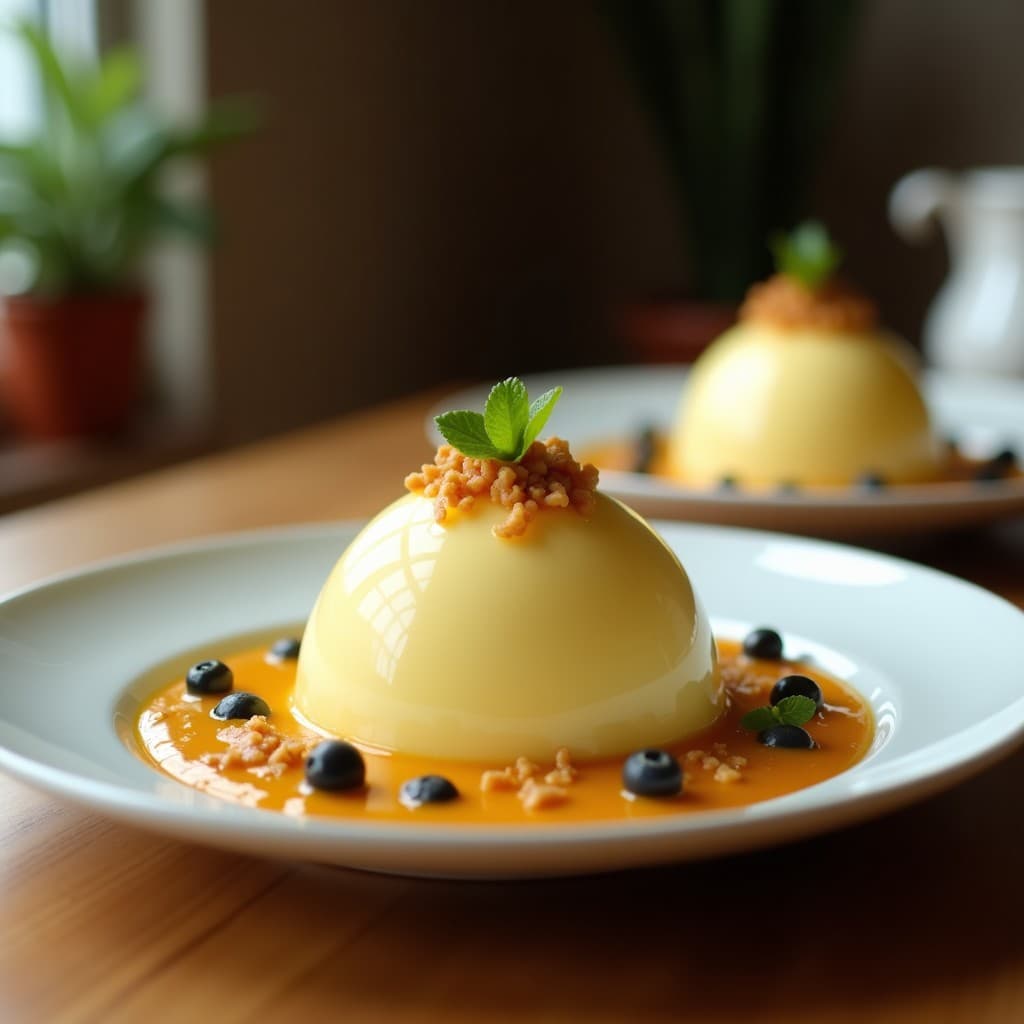 Helado cremoso de color naranja pálido servido en copas de vidrio, decorado con semillas de chía y canela, sobre un fondo rústico de madera con trozos de pepitona fresca a un lado.