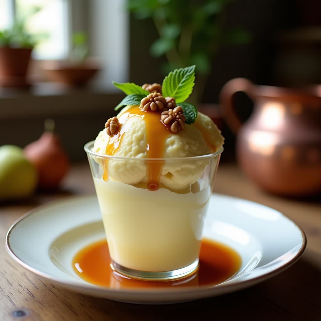 Helado cremoso de pera asada en copa de cristal, con vetas de queso azul, nueces tostadas, hilo de miel de trufa negra y hojas de menta. Fondo borroso de cocina francesa elegante.