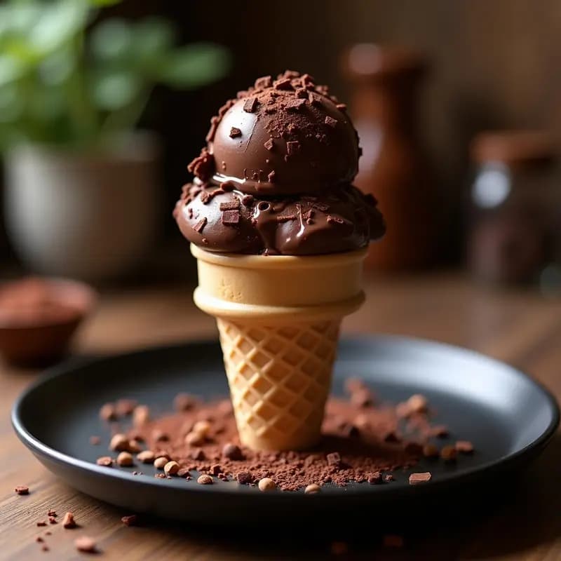 Cucurucho de helado artesanal de color oscuro con vetas brillantes, decorado con virutas de chocolate negro 90% y un ligero polvo de pimienta de Sichuan en la superficie, servido sobre un plato negro con fondo borroso que resalta su textura cremosa.