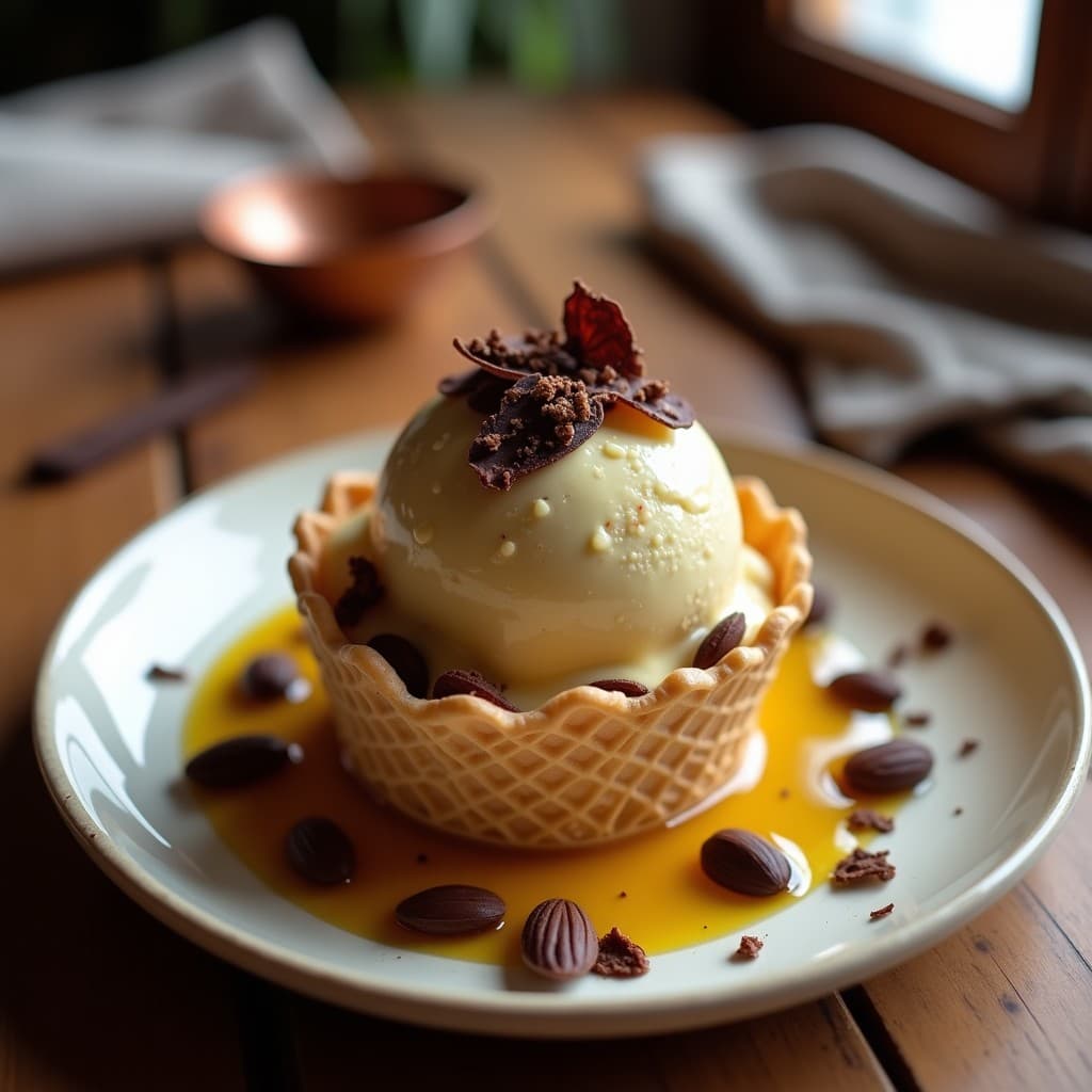 Copa de cristal con helado cremoso de color beige claro, salpicado de trozos dorados de almendras tostadas y virutas oscuras de chocolate 100%. Al fondo, un hilo de aceite de oliva virgen extra brilla sobre la superficie. Postre español vegano sin lácteos: helado de pisto y almendras con virutas de chocolate.