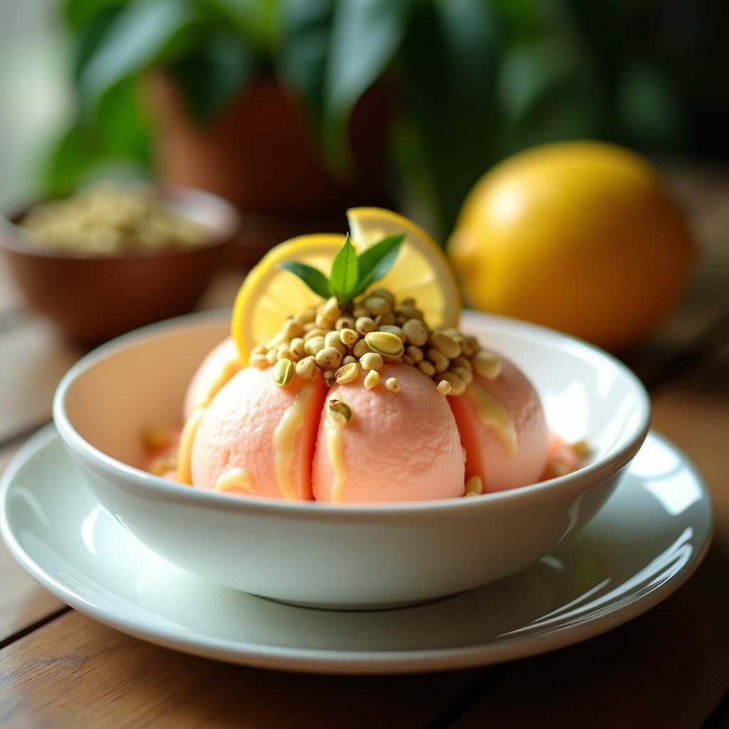 Helado cremoso de pitahaya y limón con vetas rosadas y amarillas, servido en cuenco de cerámica blanca, coronado con crujiente de pistacho dorado y rodajas de limón fresco. Postre colombiano sin lácteos.