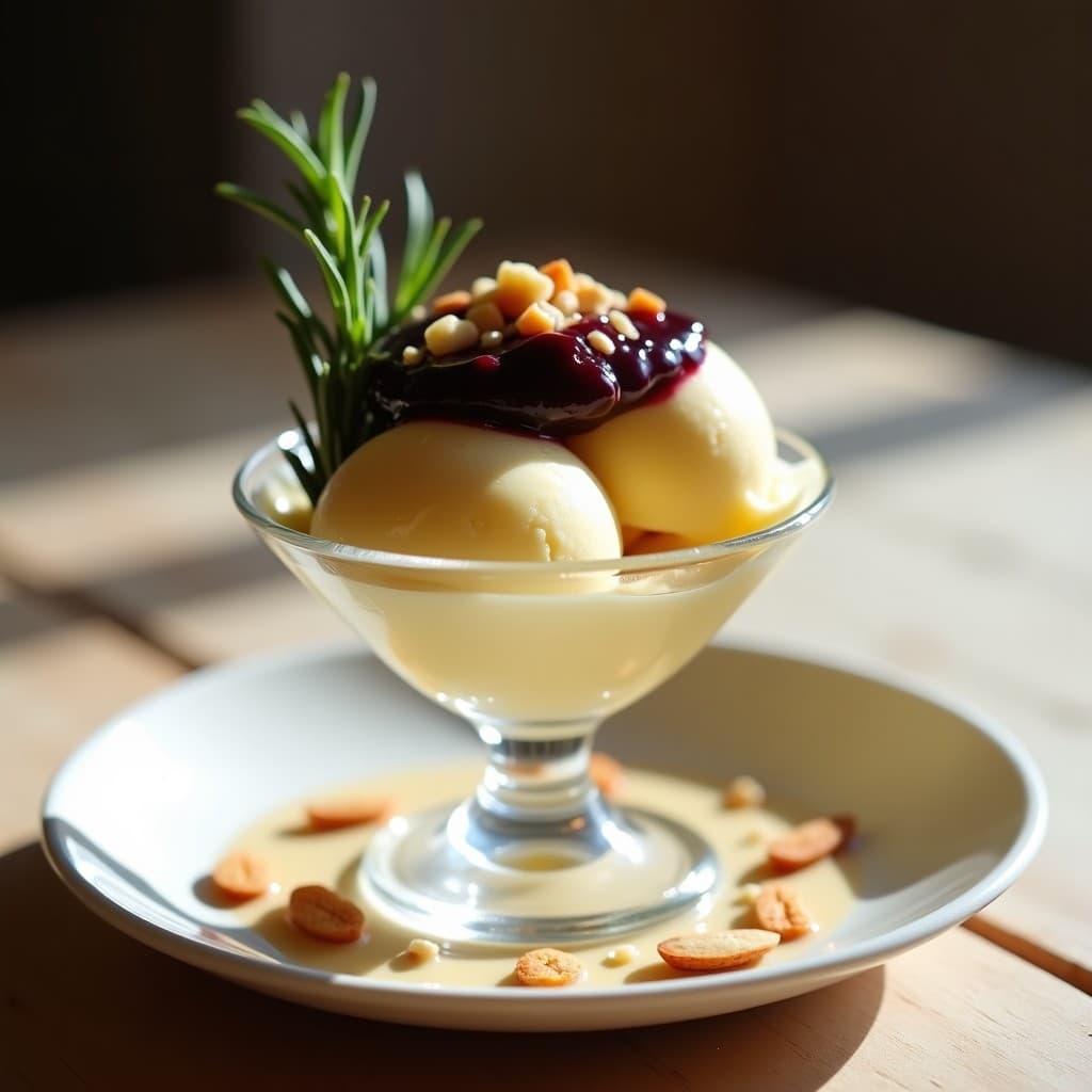 Copa de cristal transparente con helado cremoso de queso de cabra y romero, coronado con mermelada de higos brillante y almendras tostadas, decorado con una hoja de romero fresco sobre fondo rústico de madera clara.