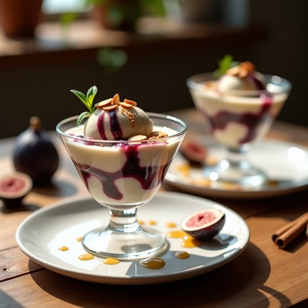 Helado de queso crema griego con vetas de mermelada de higo negro sin azúcar, servido en copas de cristal con almendras fileteadas y un toque de zumaque espolvoreado. Postre cremoso y saludable con textura sedosa.