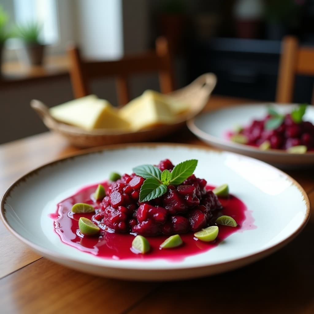 Copa de helado de remolacha y jengibre de color rosa intenso, con textura cremosa y topping de pistachos tostados picados. Postre sin lactosa y rico en antioxidantes, servido en un plato blanco con fondo rústico.