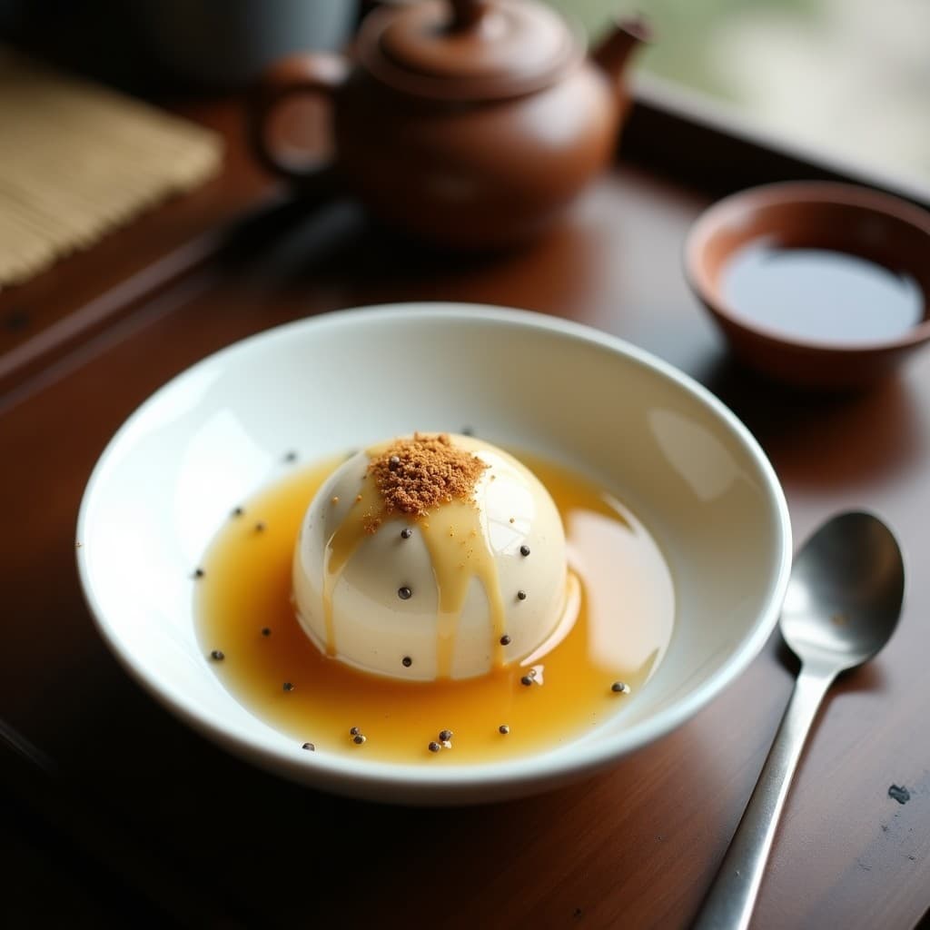 Helado cremoso de color beige claro en un bol de cerámica blanca, con vetas doradas de miel de eucalipto y semillas de chía espolvoreadas. Fondo con hojas de eucalipto y una cuchara de madera. Postre coreano antibacteriano.