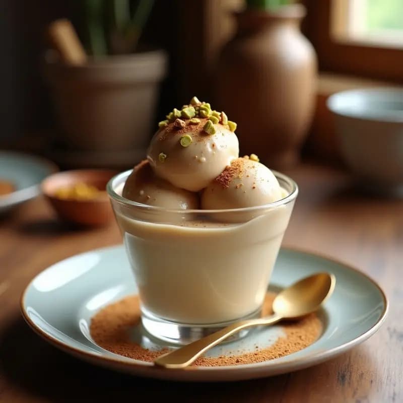Copa de helado cremoso de color marrón claro con vetas de té chai, espolvoreado con trozos dorados de crujiente de pistacho, sobre fondo rústico de madera.