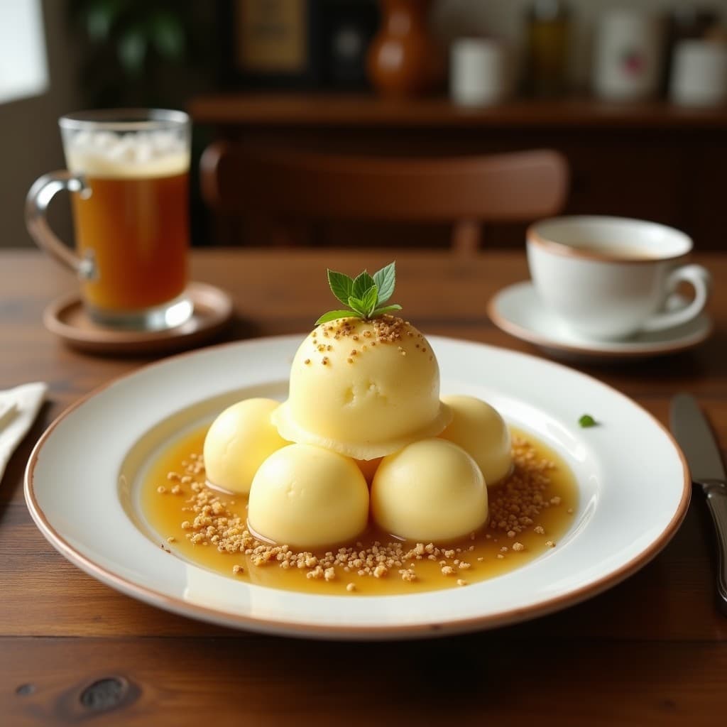 Copa de cristal con helado cremoso de té de jasmine y lichi, coronado con crujiente de pistacho tostado. Postre chino sin lácteos con tonos beige y verdes, servido sobre una mesa de madera rústica con hojas de jasmine como decoración.