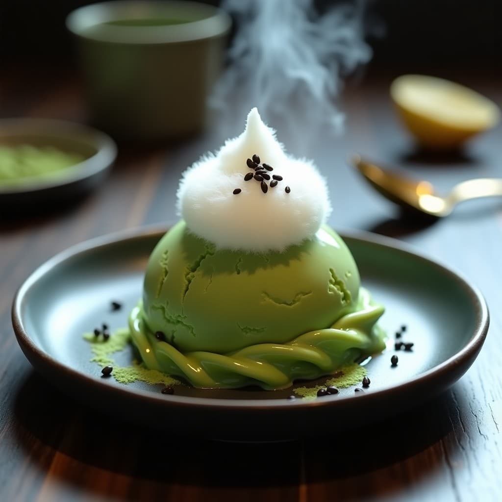 Helado de té verde matcha cremoso en forma de bola, cubierto con algodón de azúcar de stevia blanco y semillas de sésamo negro, servido en plato oscuro con efecto humeante de hielo seco. Postre chino sin azúcar y saludable.