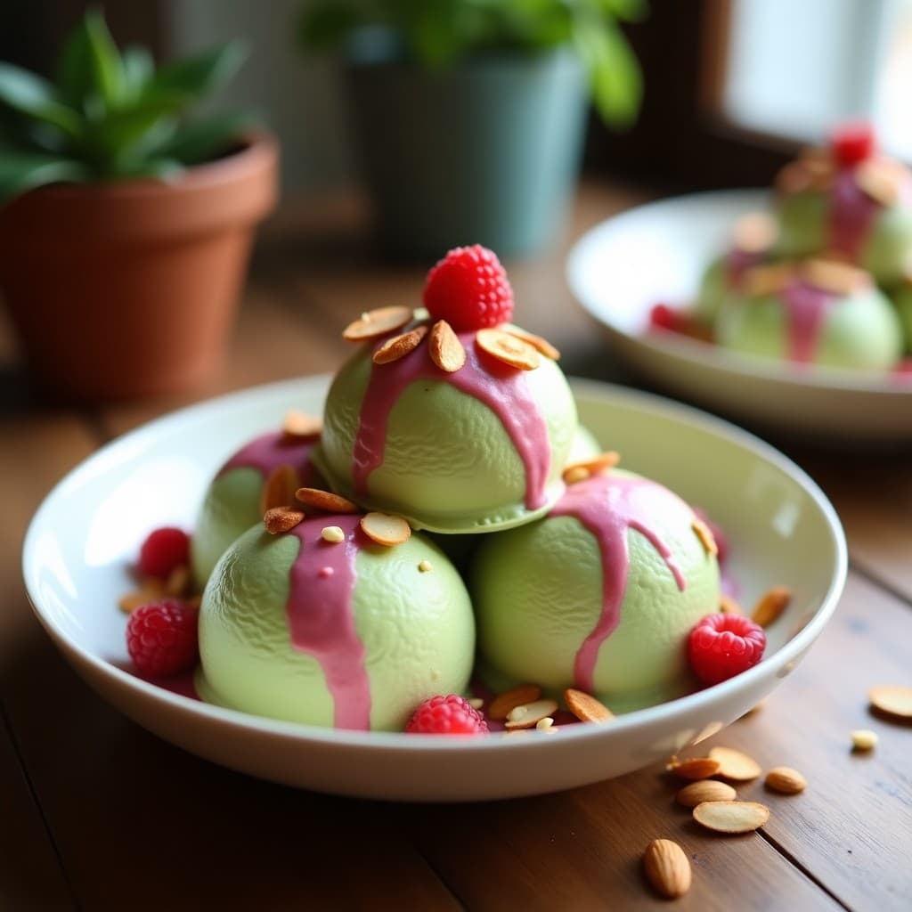 Helado cremoso de color verde pálido con vetas rosadas de swirl de frambuesa, decorado con almendras fileteadas tostadas y trozos de frambuesa fresca, servido en un cuenco de cerámica blanca sobre fondo de madera rústica. Postre japonés sin azúcar y crudivegano.