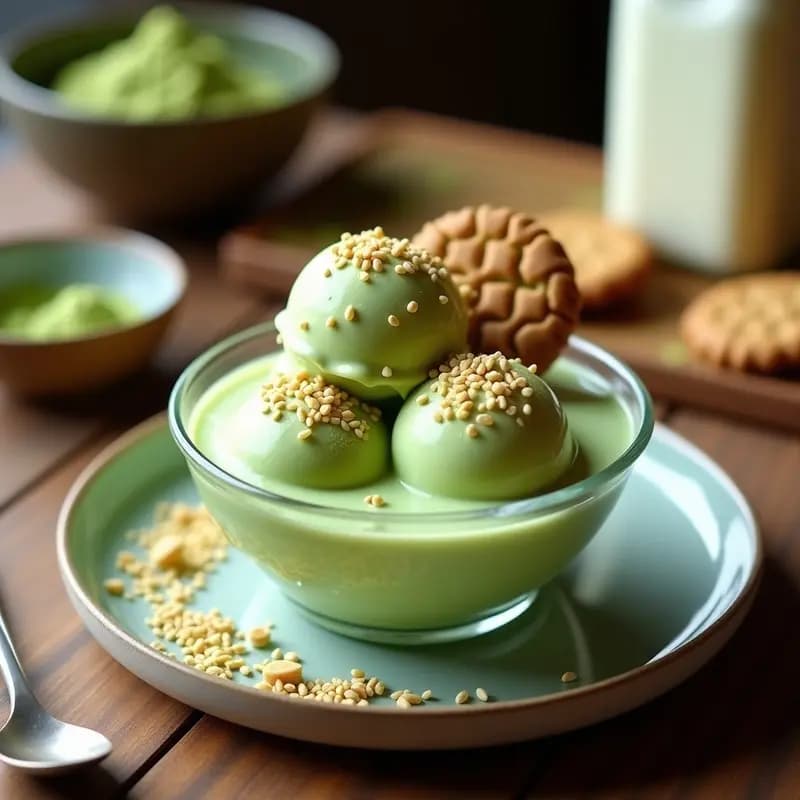 Copa de cristal con helado de té verde y leche de almendras, color verde pálido, decorado con migas de galleta de sésamo y semillas de sésamo tostado por encima. Fondo borroso de cocina con ingredientes como matcha y galletas.