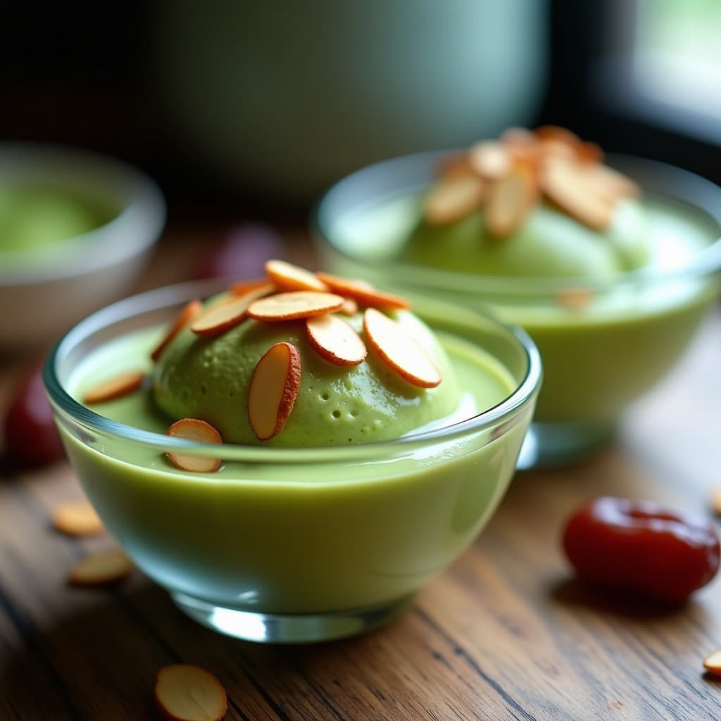 Helado de té verde matcha con textura cremosa, decorado con almendras fileteadas tostadas y un hilo de sirope de dátiles dorado. Postre vegano sin lácteos servido en un bol de cerámica blanca sobre fondo de madera rústica.