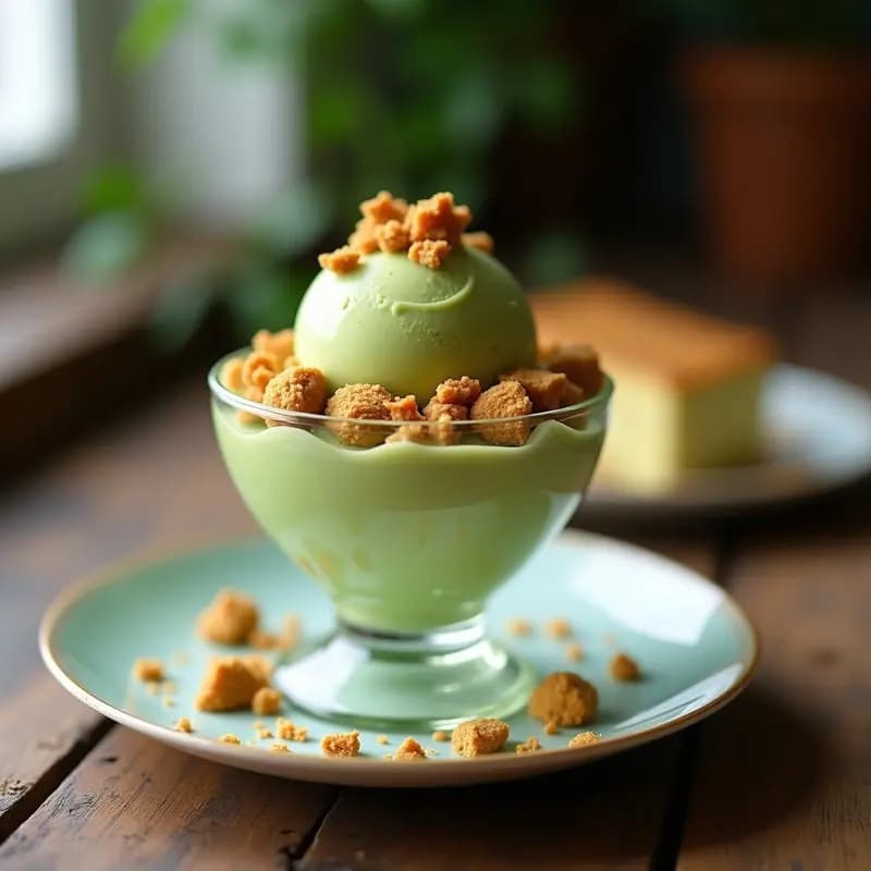 Copa de helado cremoso de color verde claro con trozos dorados de bizcocho de castaña esparcidos por encima, servido en vaso transparente sobre fondo de madera rústica. Postre italiano sin lácteos con toque crujiente.