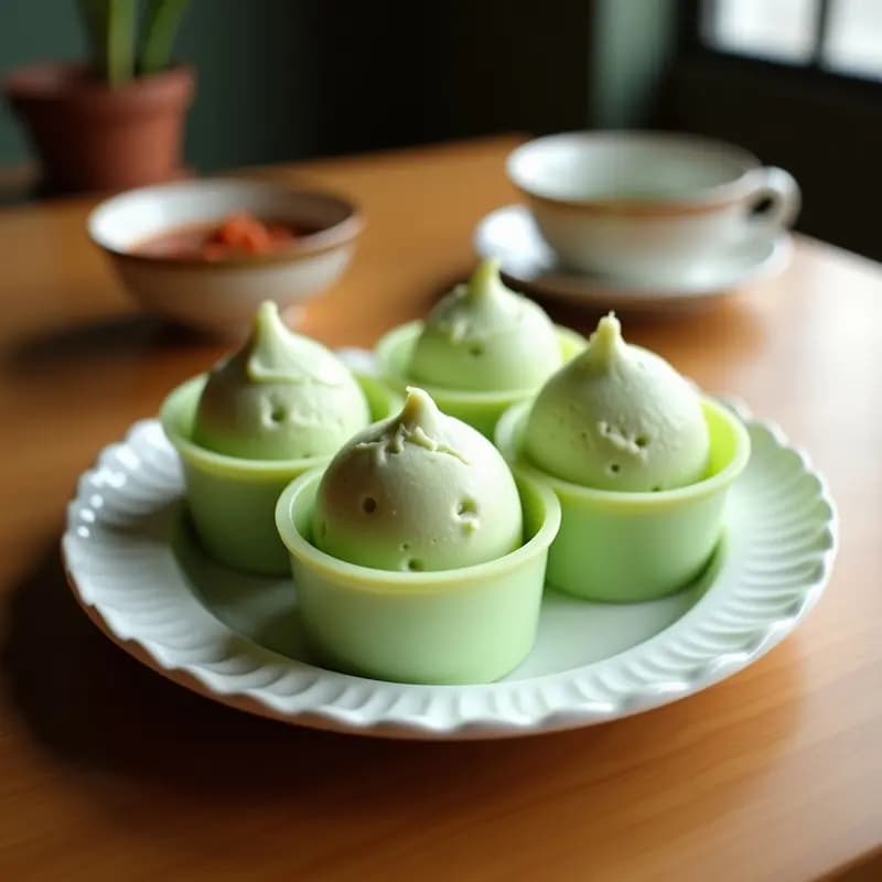 Helado de té verde y coco en moldes de silicona, con copos de coco espolvoreados, sobre una mesa de madera con hojas de menta y una cucharita de postre.