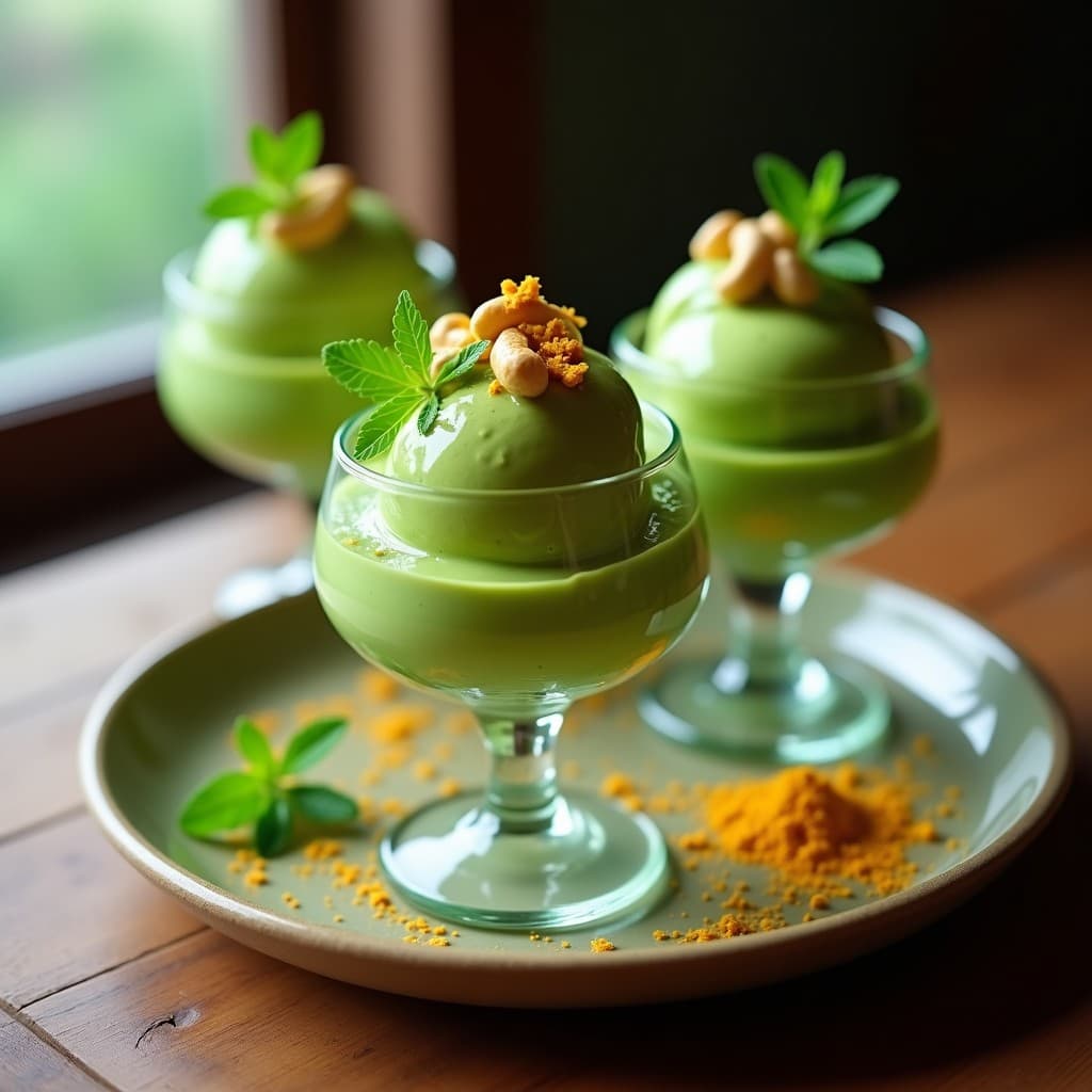 Helado de té verde y cúrcuma en airfryer, servido en copas de cristal con anacardos tostados por encima. Textura cremosa y color verde vibrante, receta antiinflamatoria sin lácteos.