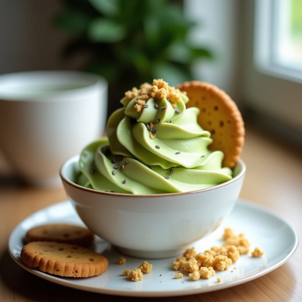 Cuenco de porcelana blanca con helado cremoso de té verde matcha, trozos dorados de galleta de avena keto y semillas de chía. Postre keto sin lácteos con textura suave y decoración minimalista.