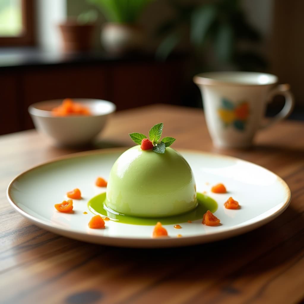 Helado de té verde matcha con trocitos de goji berries en un cuenco blanco, decorado con bayas enteras y una pizca de matcha en polvo espolvoreado. Postre chino sin lácteos y rico en antioxidantes.
