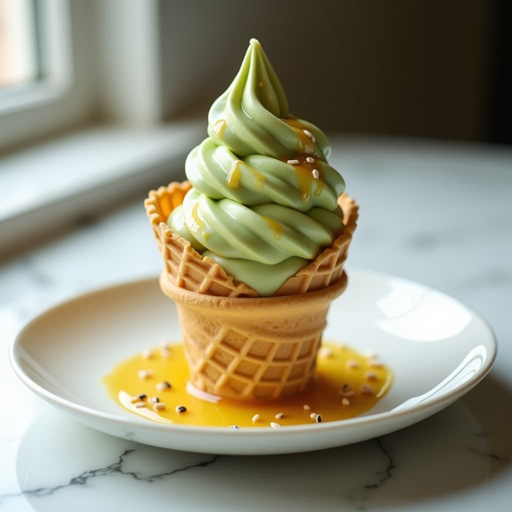 Cucurucho de barquillo relleno de helado de té verde y miel de Manuka, con vetas cremosas y un brillo natural. Decorado con un hilo de miel de Manuka dorada y semillas de sésamo tostadas sobre fondo blanco.