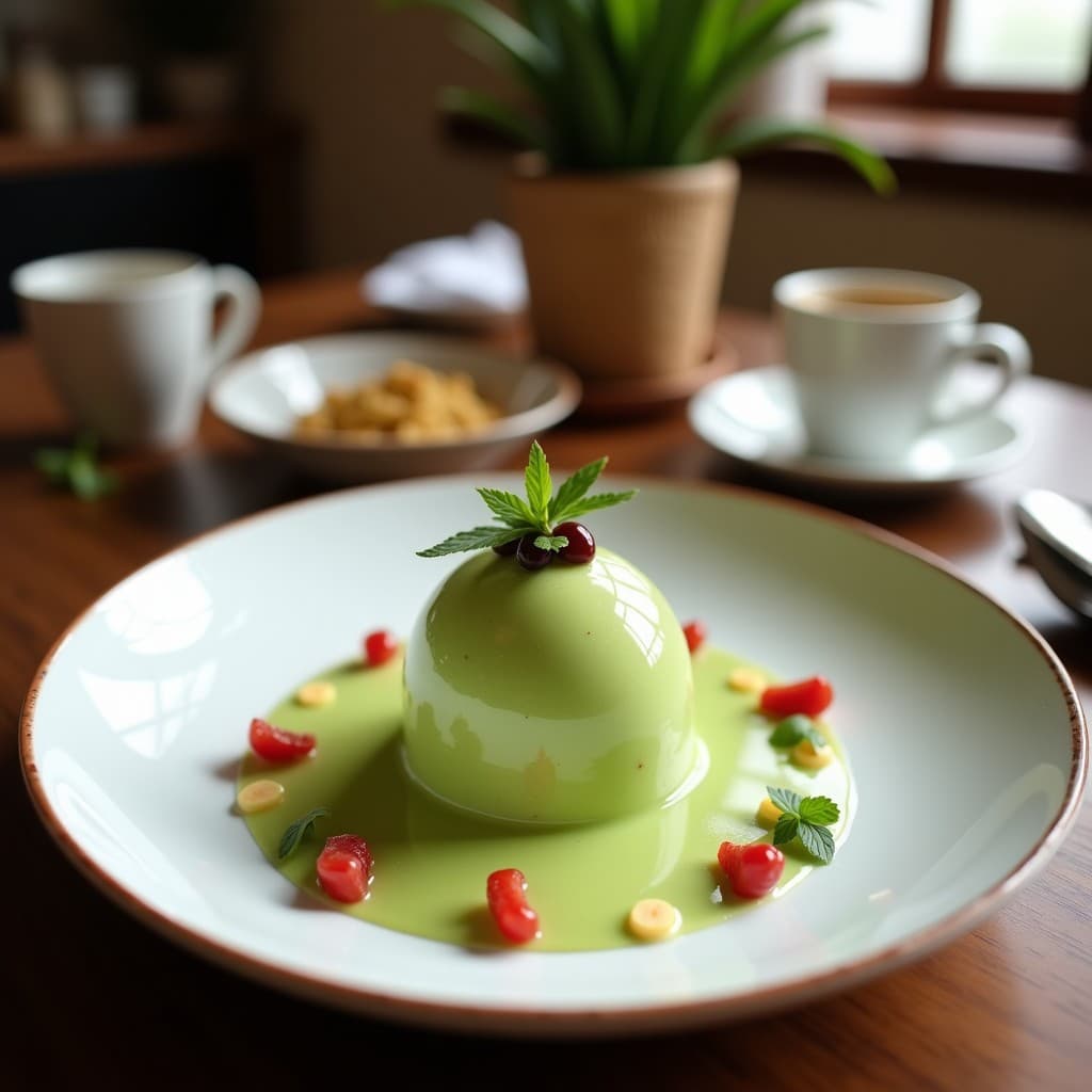Helado cremoso de color verde claro con vetas y trozos rosados de umeboshi, decorado con almendras fileteadas y servido en un cuenco de porcelana blanca sobre una mesa de madera.