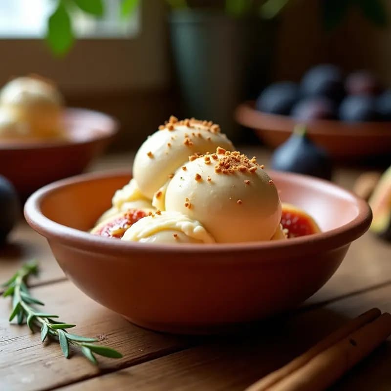 Helado de Téron e Higos vegano servido en un cuenco de barro rústico, con trozos de higos caramelizados y un espolvoreado de canela. Textura cremosa y color beige con vetas doradas, fondo de mesa de madera con higos frescos y hojas de laurel.
