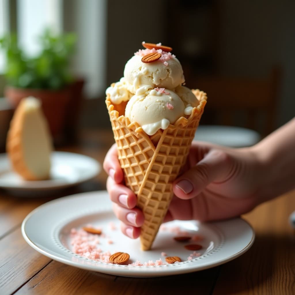 Cucurucho de helado artesanal de color beige con vetas de turrón de almendras, espolvoreado con sal de Himalaya en escamas y almendras fileteadas tostadas, sobre fondo rústico de madera con luz natural.
