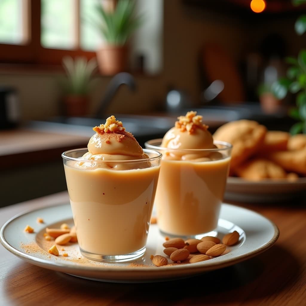 Helado de turrón de almendras y romesco en copas de vidrio transparente, con capa dorada crujiente y almendras picadas por encima. Postre español sin lácteos preparado en airfryer, servido sobre mesa rústica de madera con fondo borroso de cocina tradicional.