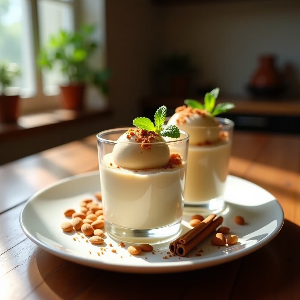 Helado de turrón y canela keto con base de almendras servido en copas de cristal transparente, con capas cremosas de color beige claro, trozos de turrón dorado y almendras fileteadas tostadas en la superficie. Decorado con un espolvoreado de canela y una hoja de menta fresca. Fondo borroso de cocina rústica con luz natural.