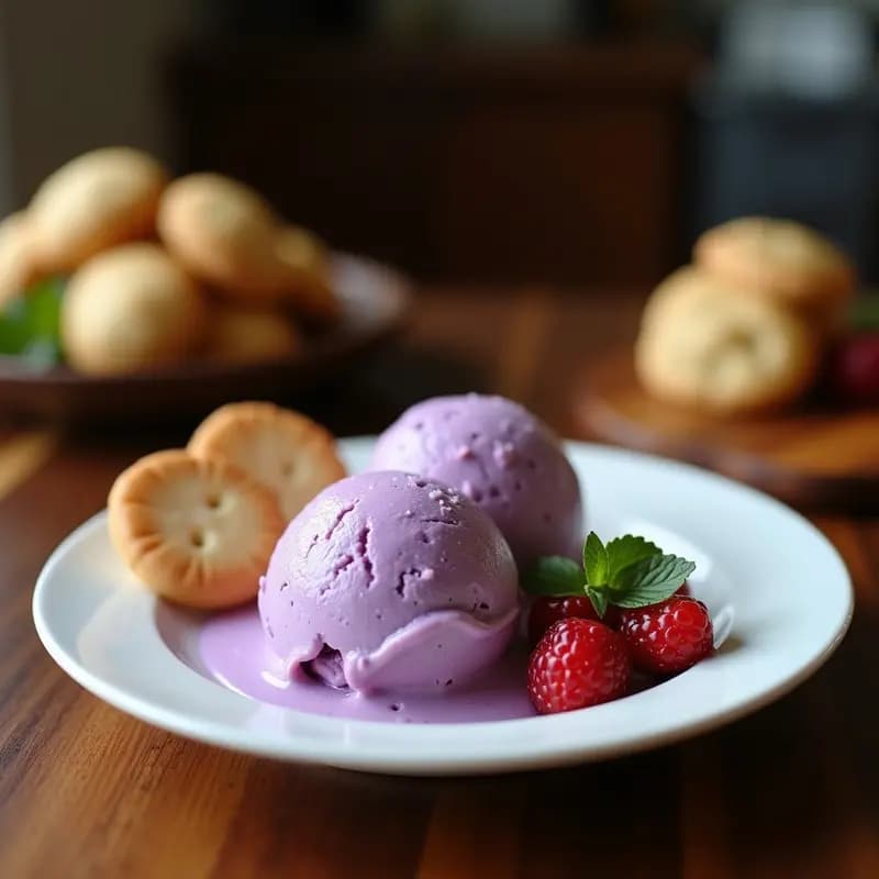 Copas de helado de ube y coco con capas visibles de galletas María trituradas y coco rallado tostado, servido en cuencos de cerámica blanca sobre fondo de madera rústica, postre filipino sin lácteos.