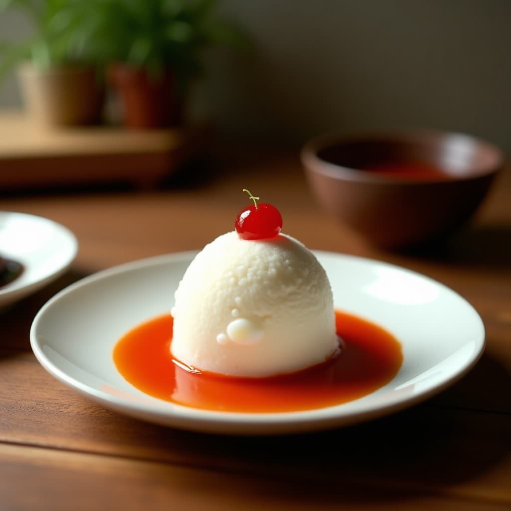 Helado de umeboshi y coco sin azúcar servido en copas de cristal transparente, con copos de coco tostados espolvoreados por encima. El helado tiene un color crema con tonos rosados por el umeboshi, y se ve la textura cremosa y sedosa. Fondo minimalista con hojas de shiso y una cucharita de postre.
