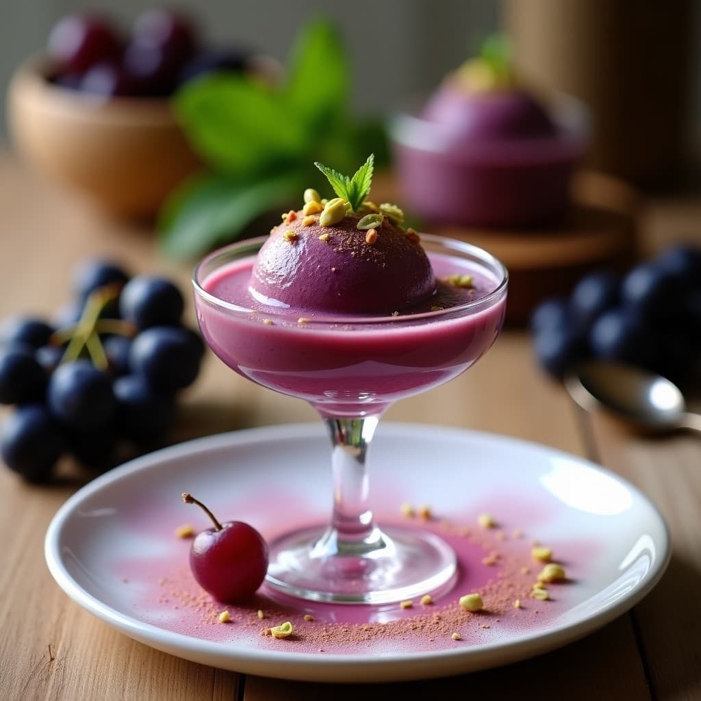 Copa de cristal transparente con helado de uvas negras y pimienta rosa, textura cremosa y color morado intenso, decorado con pistachos picados y una pizca de pimienta rosa molida. Fondo borroso con uvas negras frescas y hojas de menta.