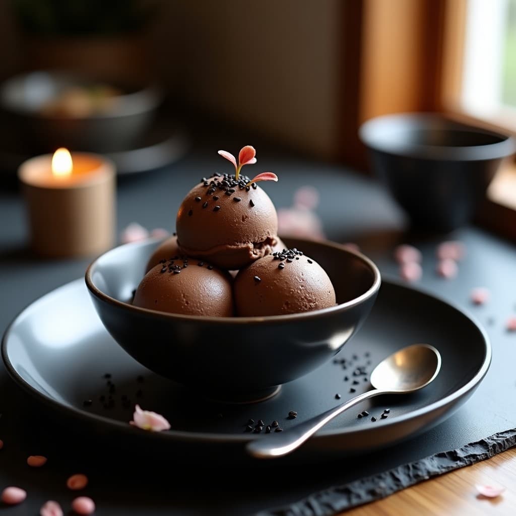 Helado de wasabi y chocolate negro keto servido en copa de cristal transparente, con textura cremosa y brillo sedoso. Decorado con virutas de chocolate negro y una pizca de wasabi en polvo en la superficie, sobre fondo oscuro con detalles japoneses.