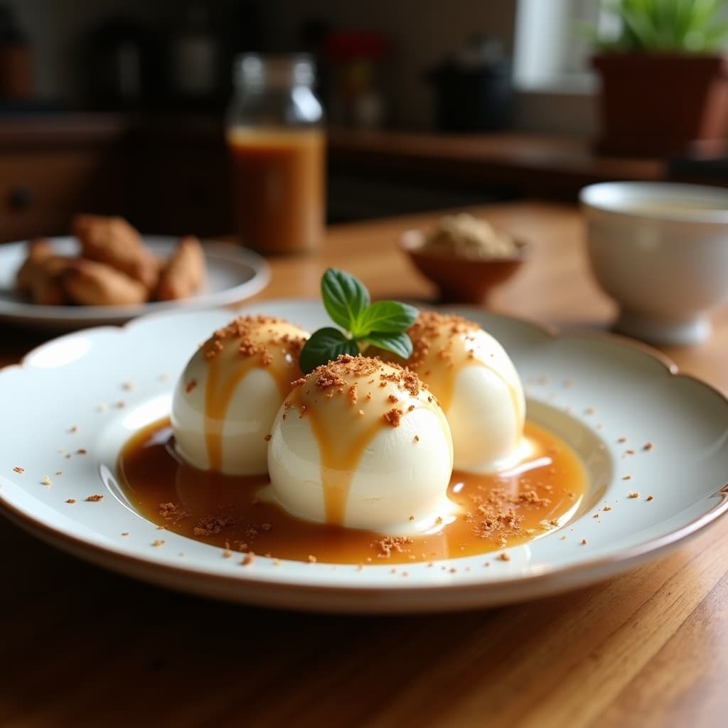 Helado cremoso de color beige claro con vetas doradas de caramelo de coco, espolvoreado con coco rallado y canela, servido en un cuenco de barro. Postre peruano keto con textura sedosa y presentación rústica.