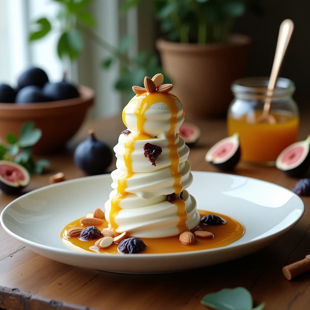 Cucurucho de helado artesanal de color crema con trozos de higos negros y almendras fileteadas, bañado con un hilo dorado de miel de eucalipto. Presentado sobre una mesa rústica de madera con hojas de eucalipto y higos frescos de fondo.