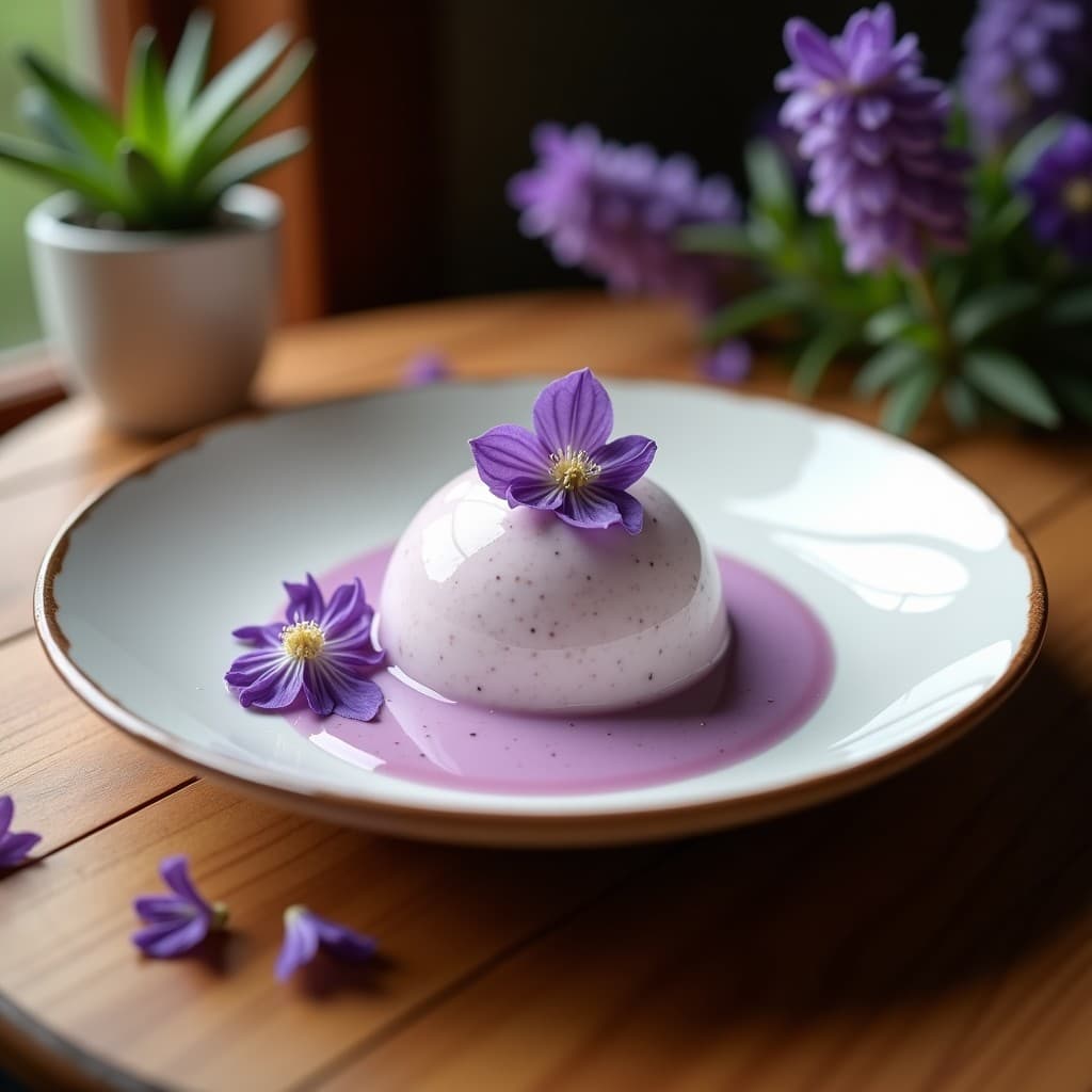Copas de helado cremoso de yogur griego con vetas de sirope de arce dorado, decorado con flores de lavanda moradas y almendras fileteadas tostadas, sobre fondo rústico de madera con luz natural.