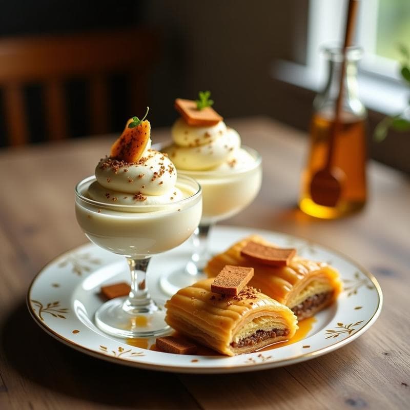 Copas de cristal transparente rellenas de helado cremoso de yogur griego y miel, coronadas con trozos dorados de baklava crujiente y pistachos picados. Fondo rústico con detalles griegos y un hilo de miel de tomillo decorando el plato.