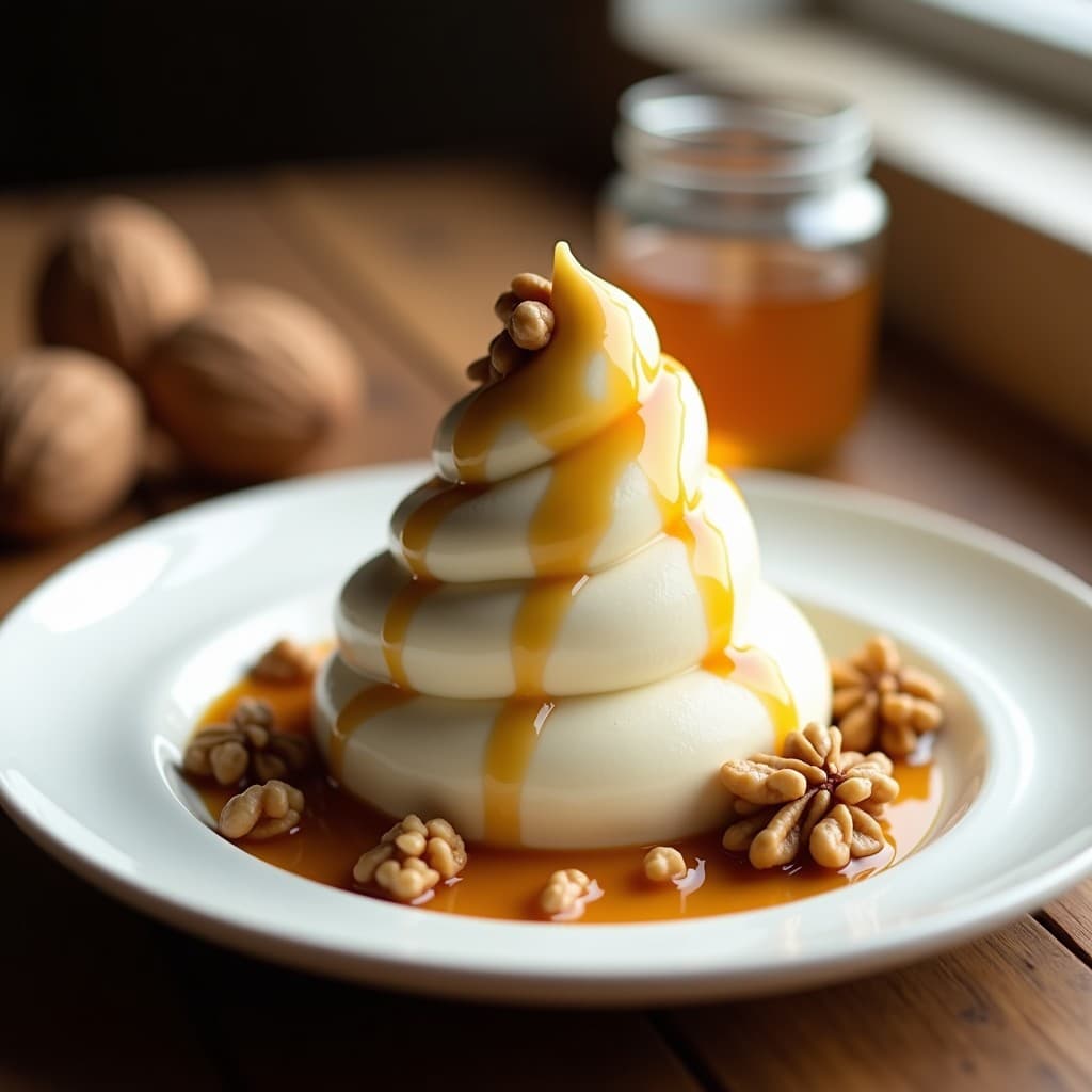 Cucurucho de helado artesanal de yogur griego con vetas doradas de miel y trozos de nueces tostadas, servido sobre un plato de cerámica blanca con fondo rústico de madera. Postre alto en proteína sin azúcar añadido.