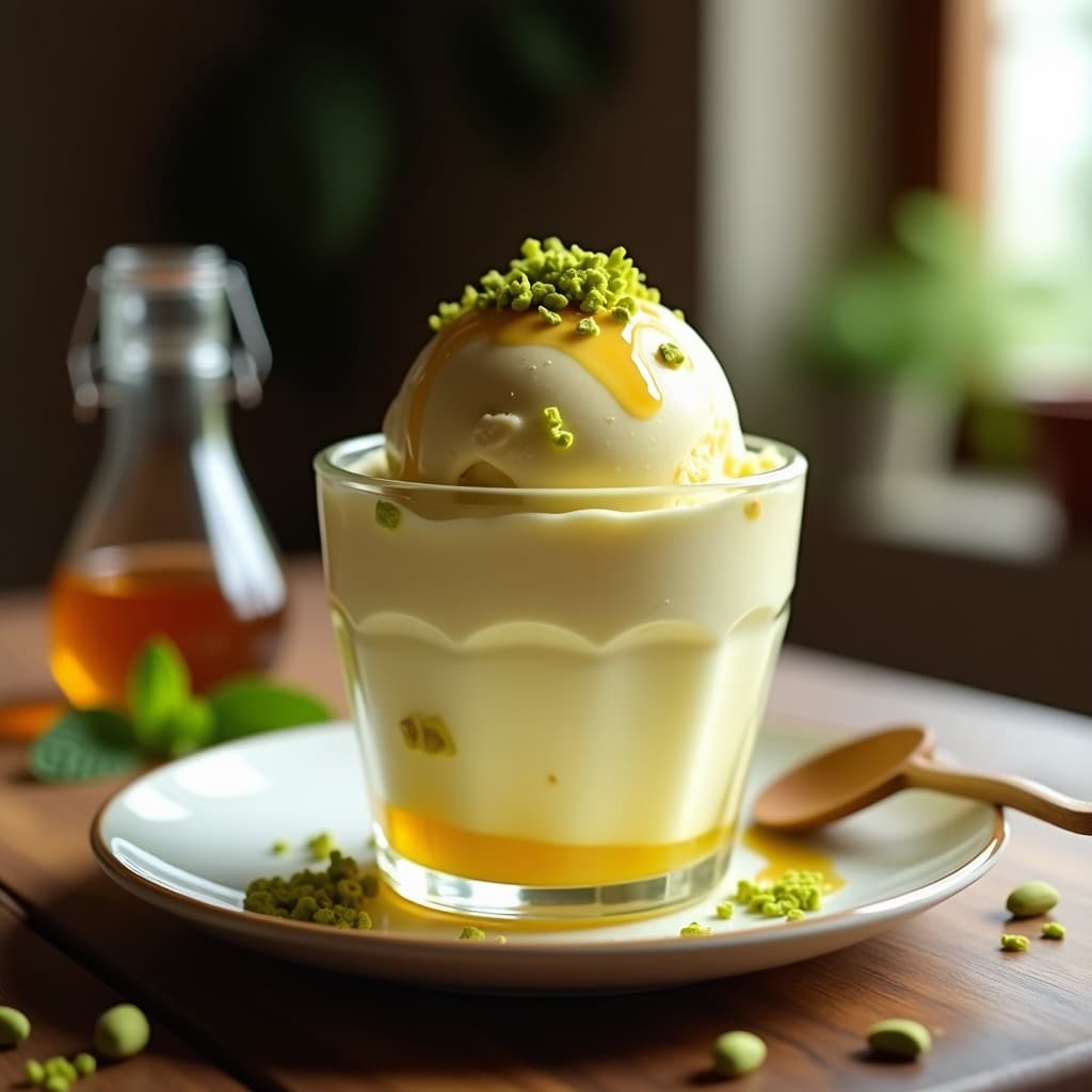 Copa de cristal transparente con helado cremoso de yogur griego y miel, coronado con virutas verdes de pistacho tostado. Fondo borroso con detalles de miel derramada y hojas de menta.