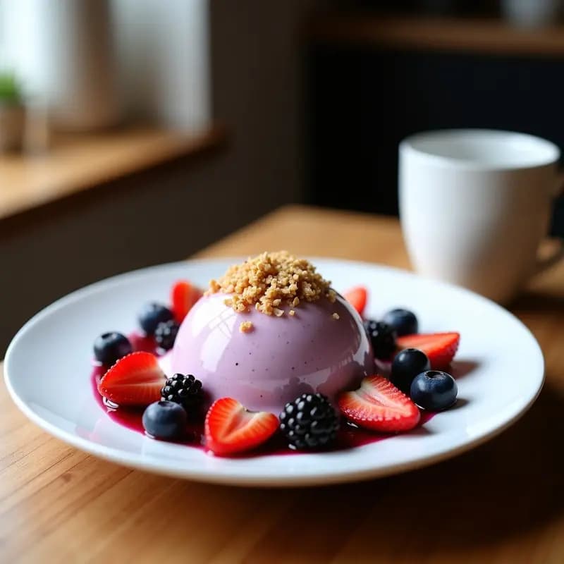 Copa de cristal con helado cremoso de yogur de soja de color blanco rosado, coronado con granola dorada de coco y almendras, frutos del bosque frescos (arándanos, frambuesas) y hojas de menta. Postre francés sin lactosa sobre fondo rústico de madera clara.
